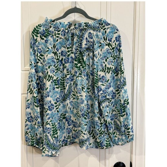 NWT Talbots L Floral Blouse Blue Green Long Sleeve Ruffle Collar Classic Preppy - Picture 2 of 8